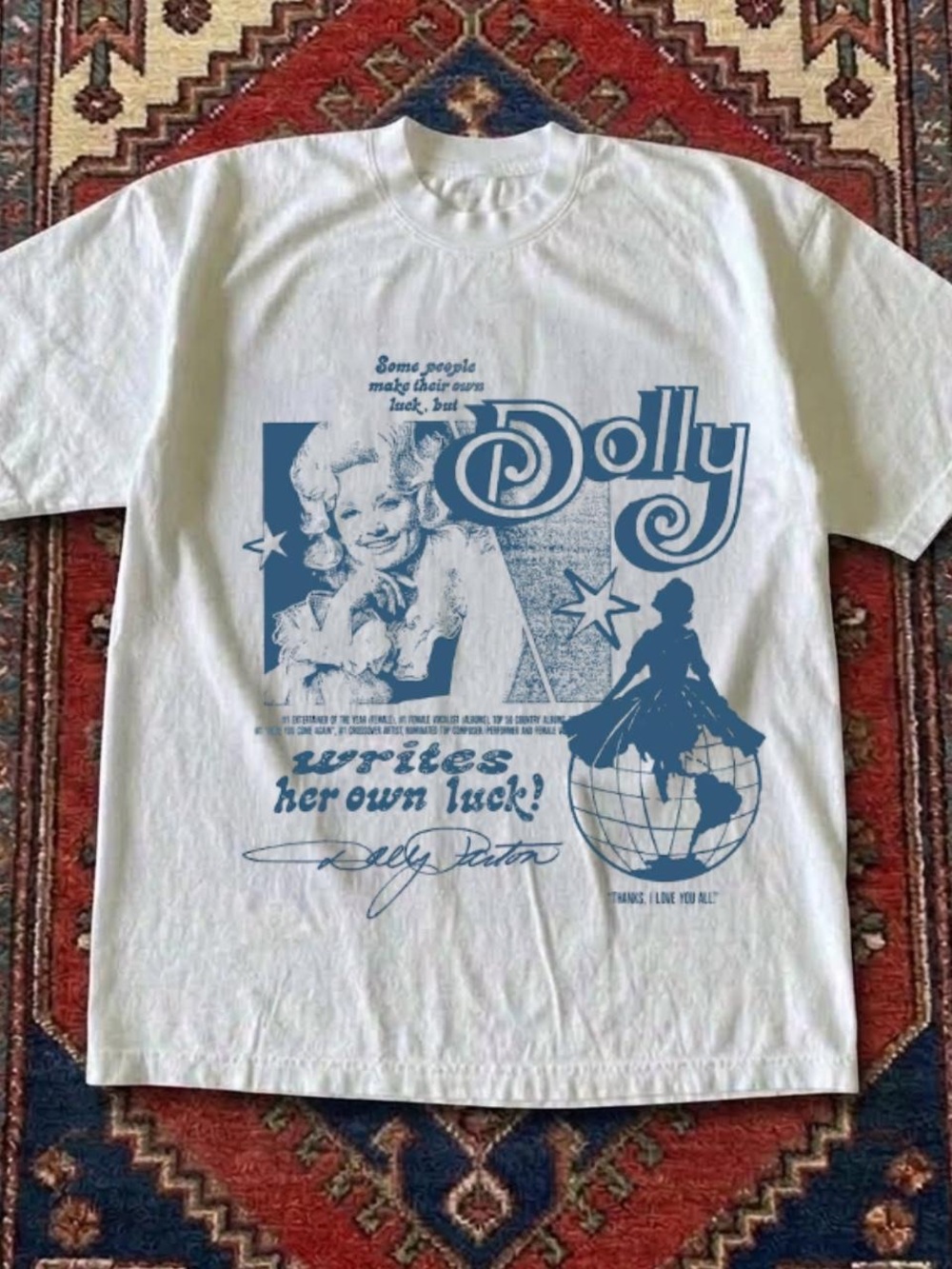 Gildan White Short-Sleeve Dolly Graphic Tee with Blue Print